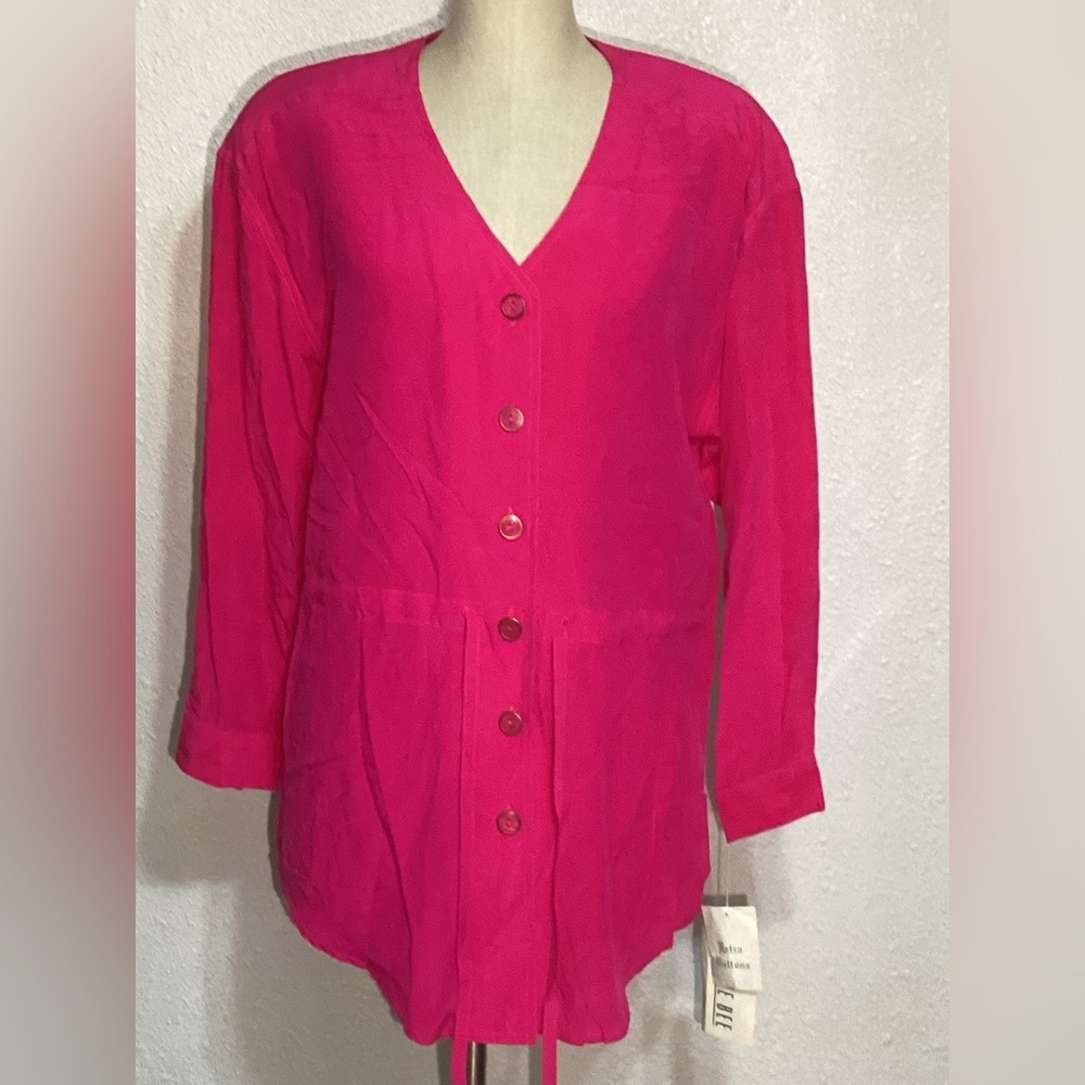 Robbie Bee silk hot pink drawstring button blouse size 10